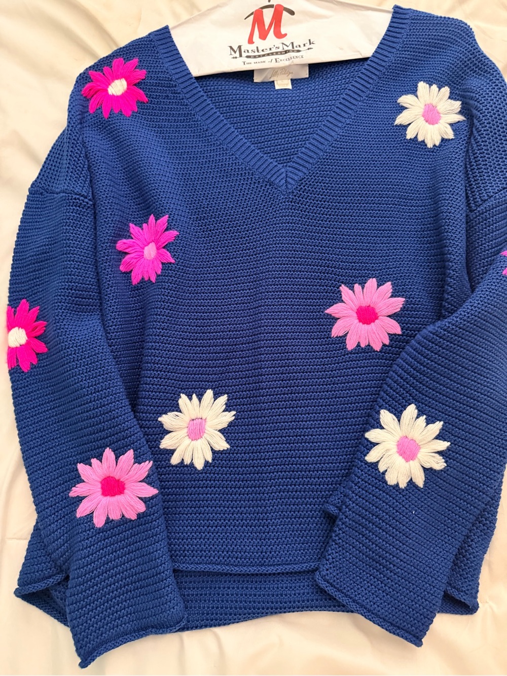 Lilly Pulitzer Royal Blue V-Neck Sweater with Pink & White Daisy Appliqués